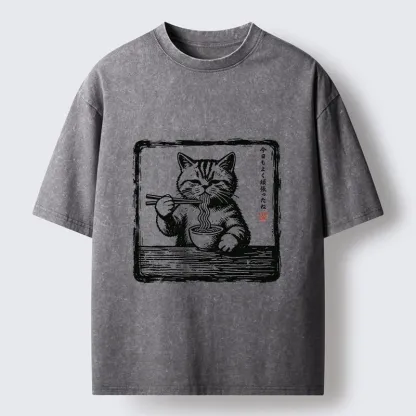 Tokyo‑Tiger Ramen Eating Cat Washed T‑Shirt