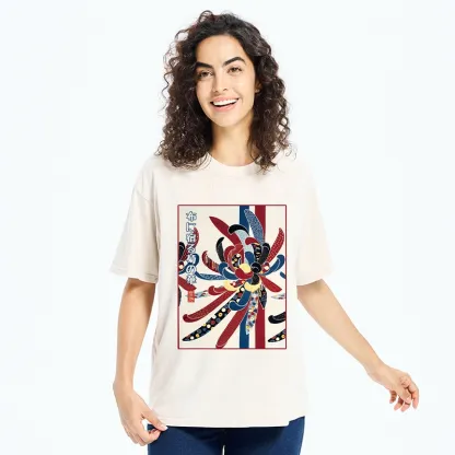 Tokyo-Tiger Traditional Oriental Big Flower Ukiyo Print Washed T-Shirt