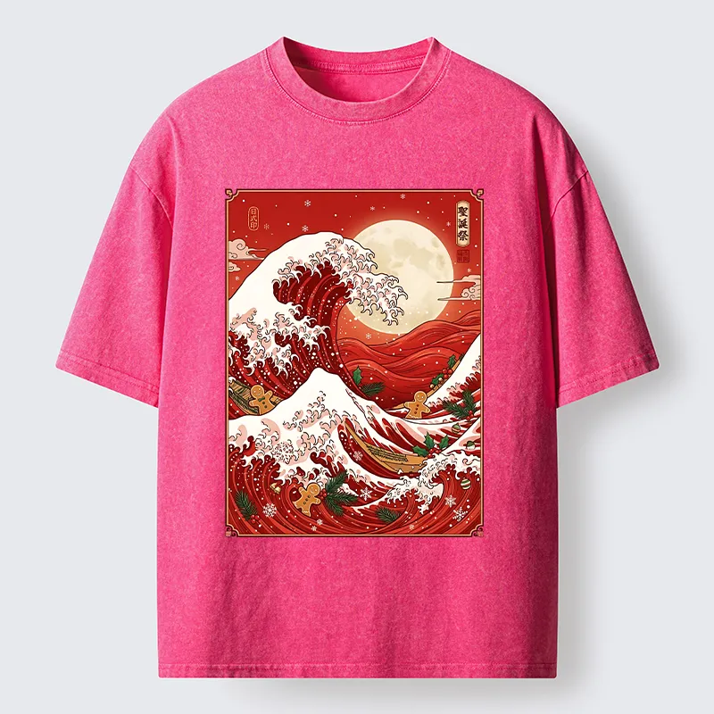 Tokyo-Tiger Gingerbread Surfing Christmas Wave Art Washed T-Shirt