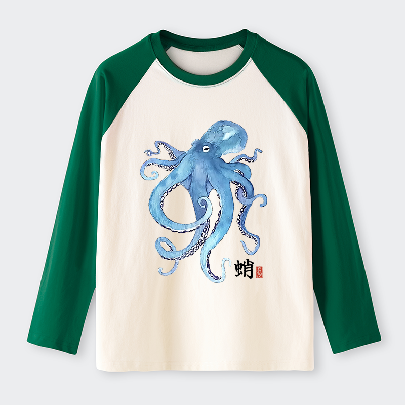 Tokyo-Tiger Watercolor Blue Octopus Raglan Long Sleeve T-shirt