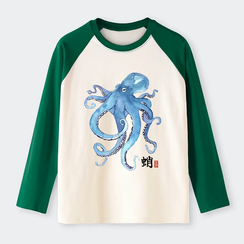 Tokyo-Tiger Watercolor Blue Octopus Raglan Long Sleeve T-shirt