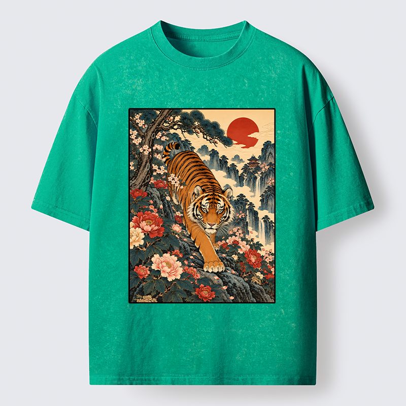 Tokyo-Tiger Vintage Ukiyo Wild Tiger Floral Graphic Washed T-Shirt