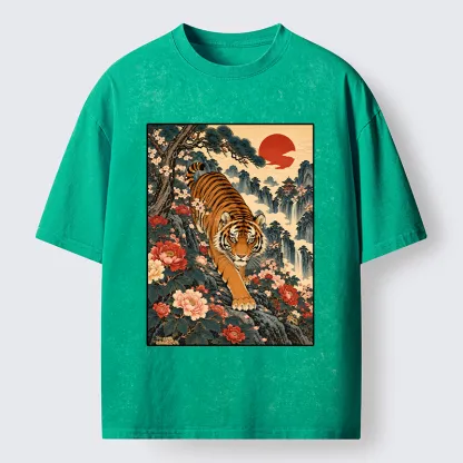 Tokyo-Tiger Vintage Ukiyo Wild Tiger Floral Graphic Washed T-Shirt