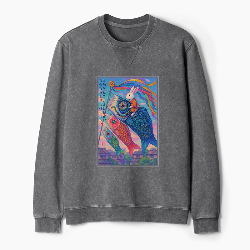 Tokyo-Tiger Ukiyoe Rabbit Ride Carp Streamer Poster Washed Terry Sweatshirt