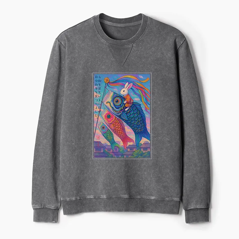 Tokyo-Tiger Ukiyoe Rabbit Ride Carp Streamer Poster Washed Terry Sweatshirt