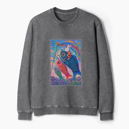 Tokyo-Tiger Ukiyoe Rabbit Ride Carp Streamer Poster Washed Terry Sweatshirt