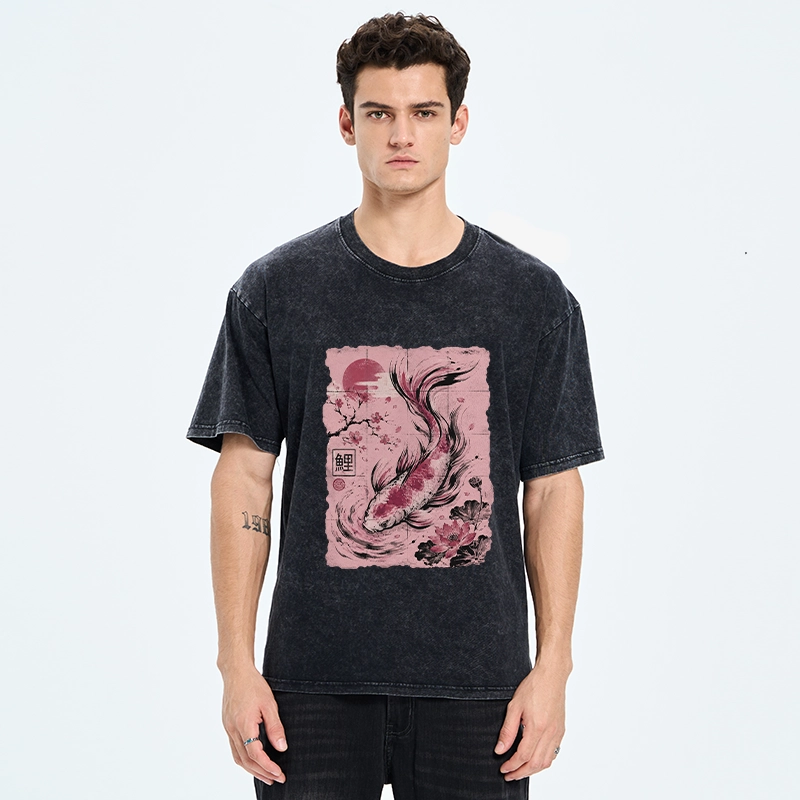 Tokyo-Tiger Sakura Lotus Koi Old Scroll Asian Tee Washed T-Shirt