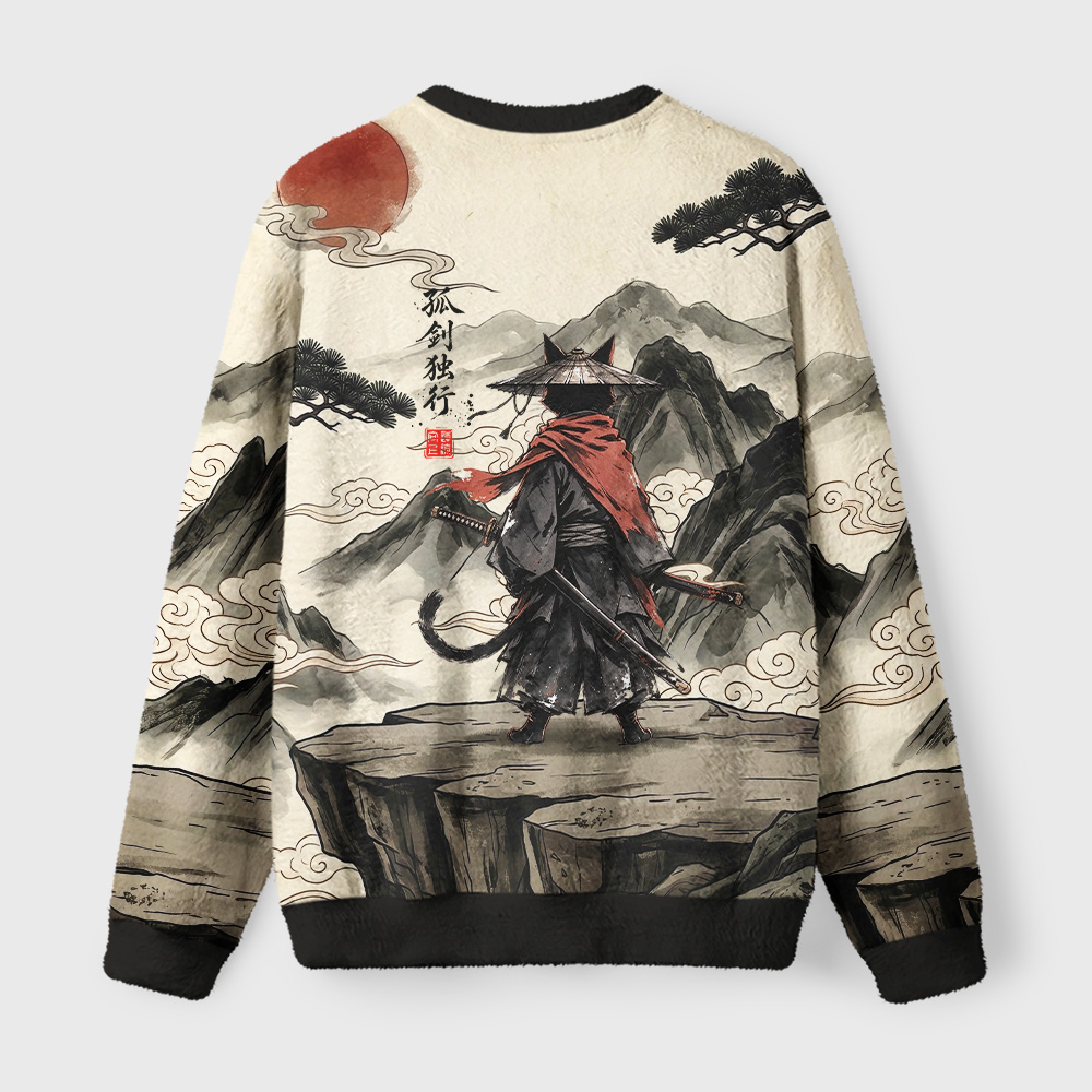 Tokyo-Tiger Lone Samurai Cat Ink Art Fuzzy Christmas Ugly Sweatshirt
