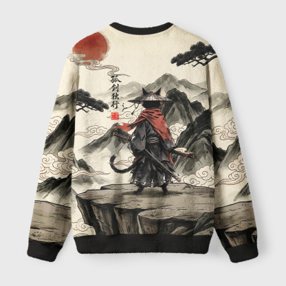 Tokyo-Tiger Lone Samurai Cat Ink Art Fuzzy Christmas Ugly Sweatshirt