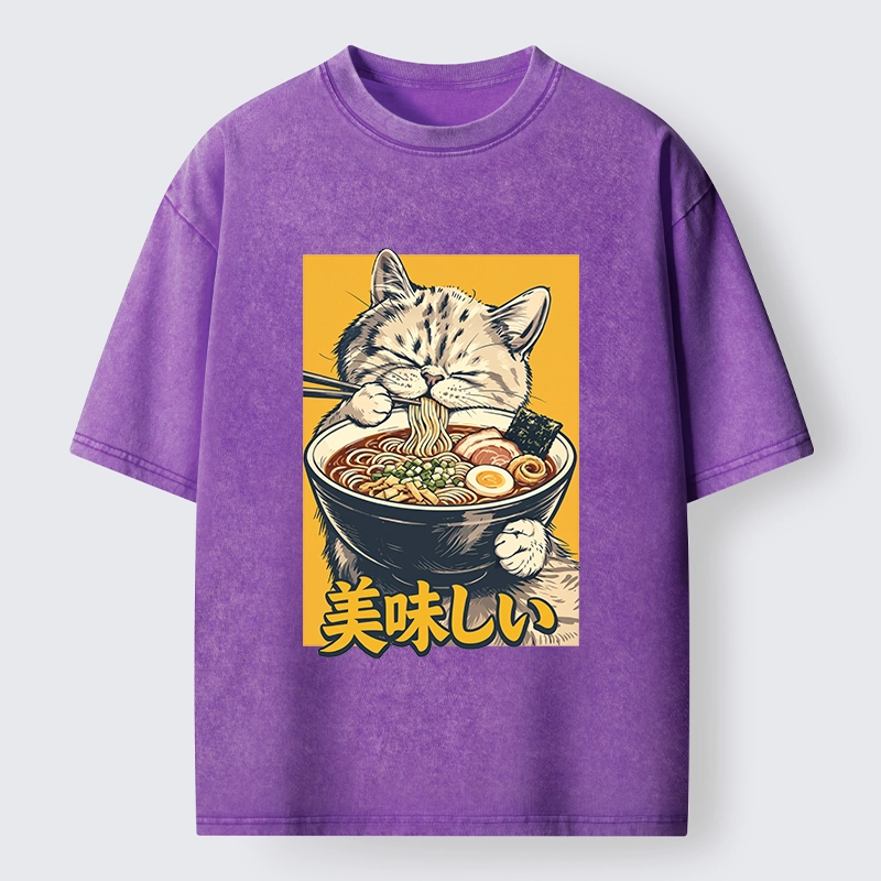 Tokyo‑Tiger Cat Eat Ramen Washed T‑Shirt