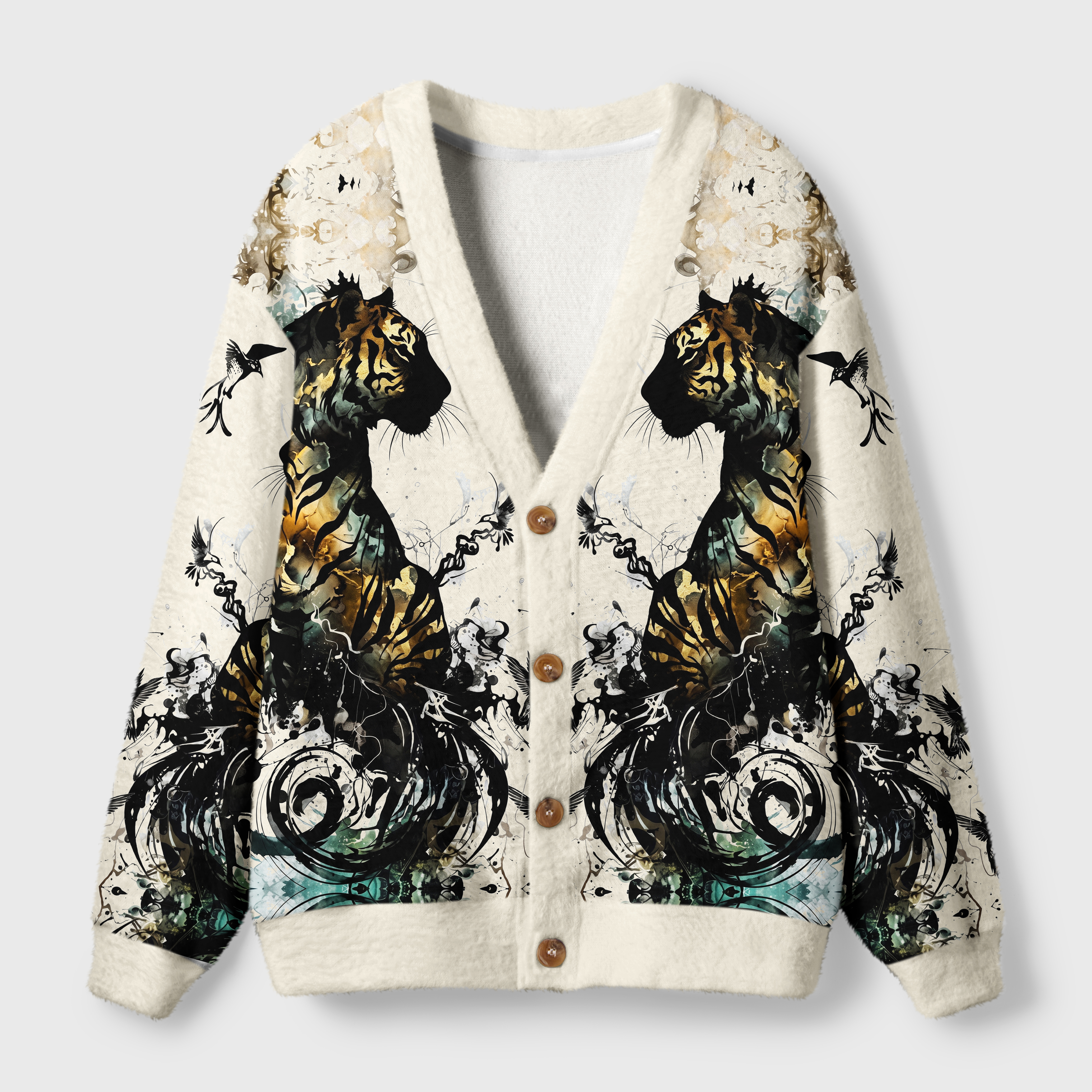 Tokyo-Tiger Golden Tiger And Soaring Birds Ugly Cardigan Sweater