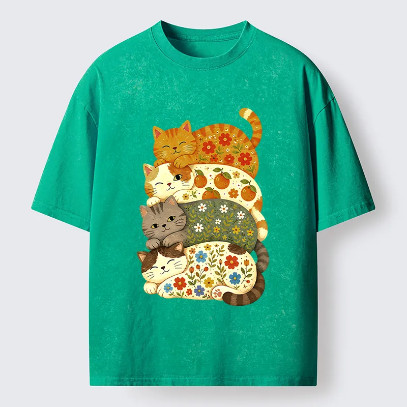 Tokyo‑Tiger Stacked Floral Cats Washed T‑Shirt
