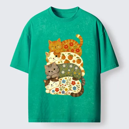 Tokyo‑Tiger Stacked Floral Cats Washed T‑Shirt