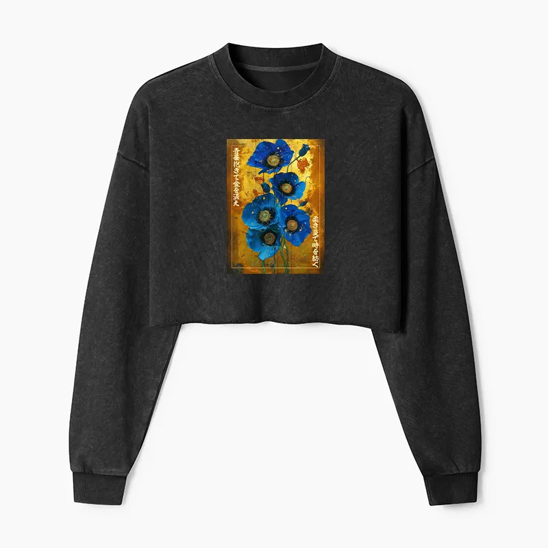 Tokyo-Tiger Shiny Blue Flower Warm Golden Background Washed Crop Sweatshirt