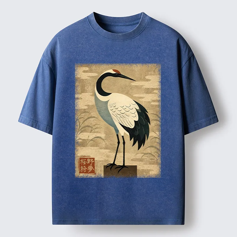 Tokyo-Tiger Elegant Japanese Crane Washed T-Shirt