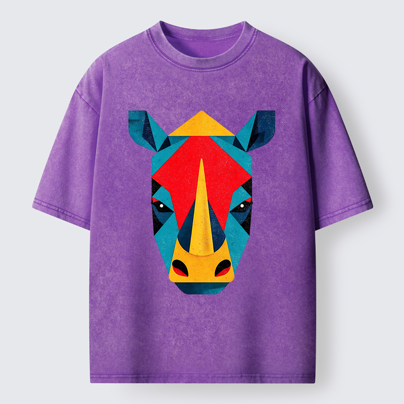 Tokyo-Tiger Geometric Rhino Art Washed T-Shirt