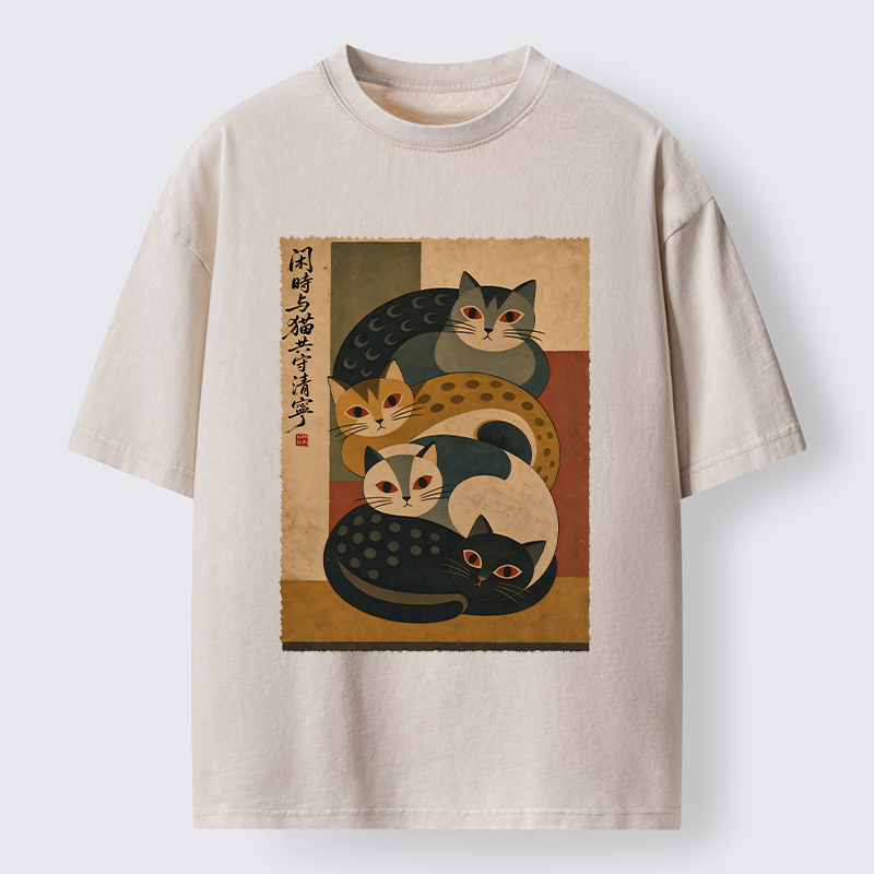 Tokyo-Tiger Retro Stack Cat Art Washed T-Shirt
