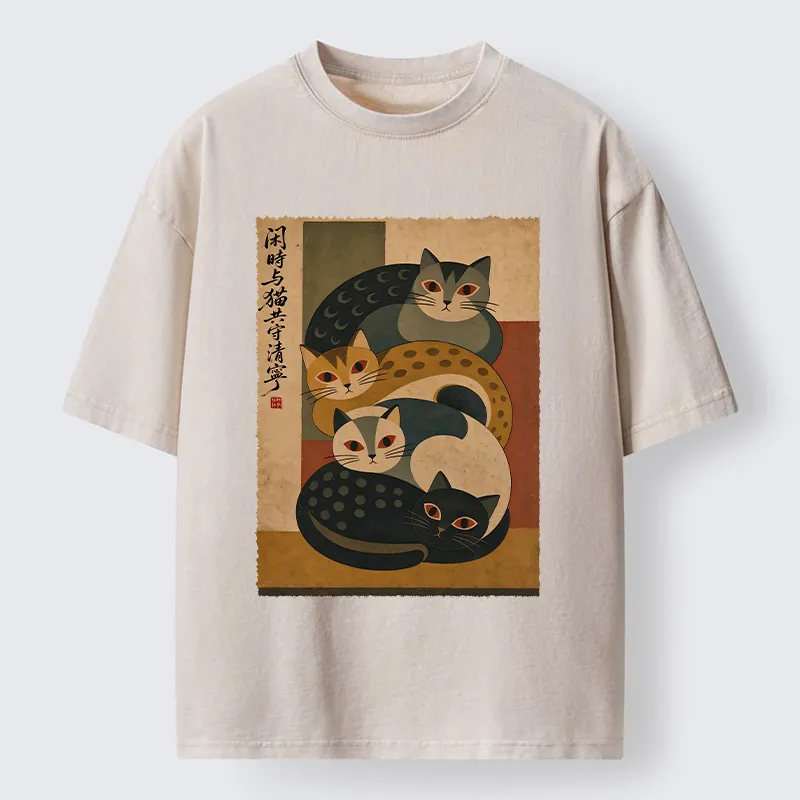 Tokyo-Tiger Retro Stack Cat Art Washed T-Shirt