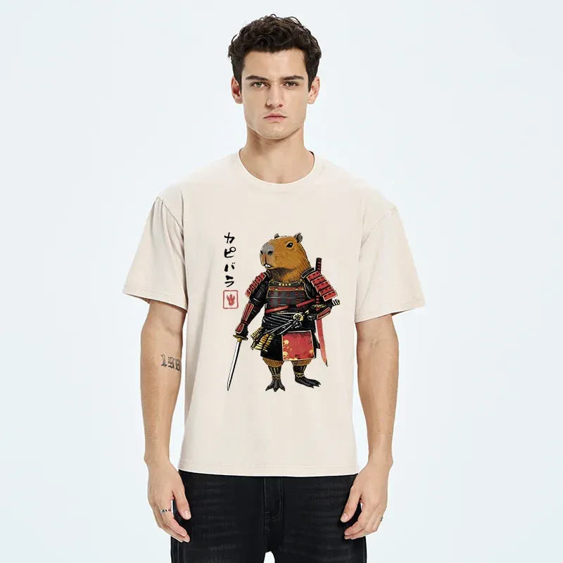 Tokyo-Tiger Capybara Samurai Wearing Armor Washed T-Shirt