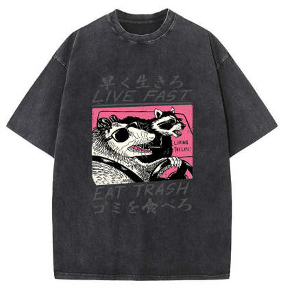 Tokyo-Tiger Live Fast  Eat Trash Washed T-Shirt