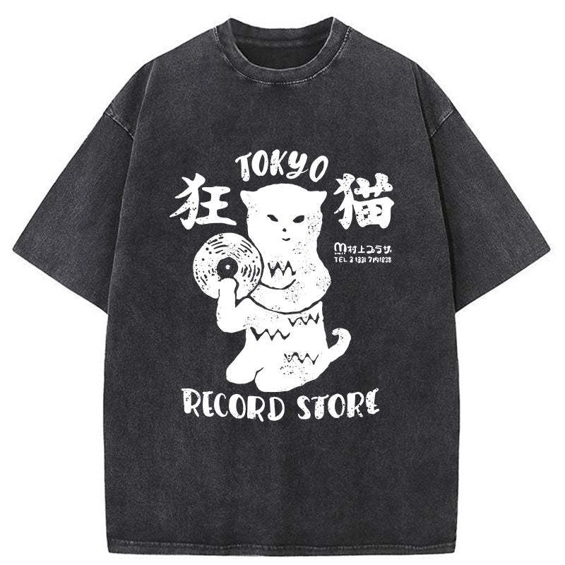 Tokyo-Tiger Tokyo Record Store Cat CD Washed T-Shirt