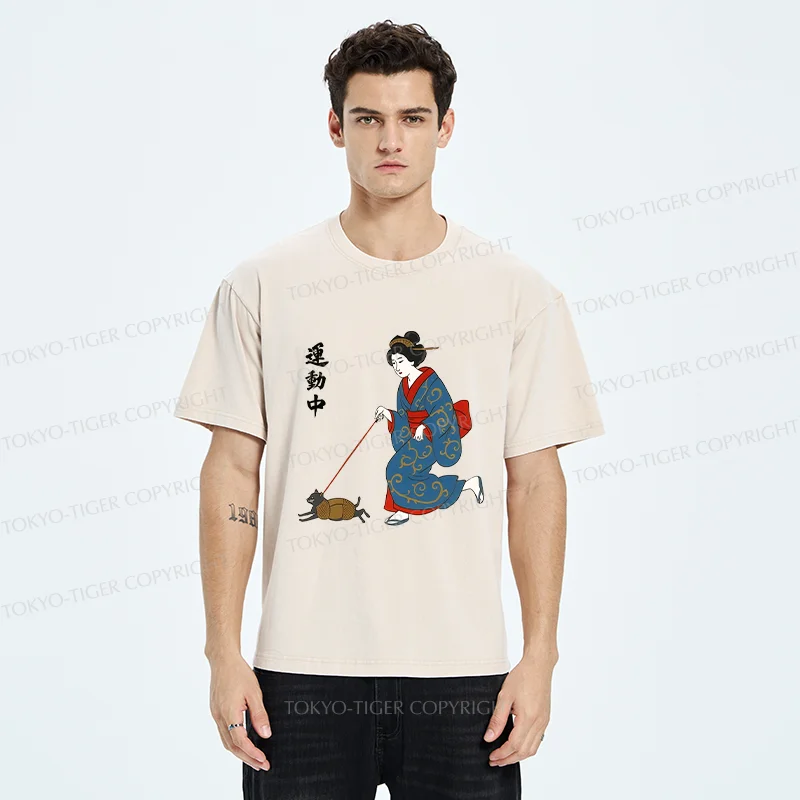 Tokyo-Tiger Geisha Walking Cat Washed T-Shirt