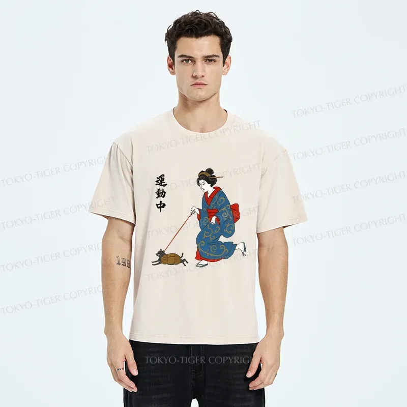 Tokyo-Tiger Geisha Walking Cat Washed T-Shirt