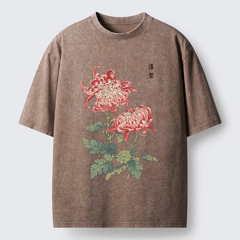 Tokyo-Tiger Vintage Red Chrysanthemum Flower Washed T-Shirt