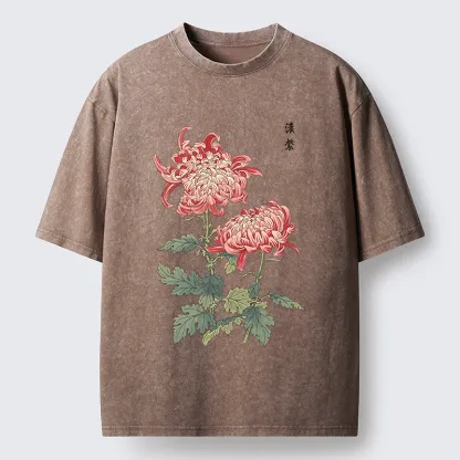 Tokyo-Tiger Vintage Red Chrysanthemum Flower Washed T-Shirt