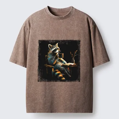 Tokyo‑Tiger Cozy Raccoon Reader Washed T‑Shirt