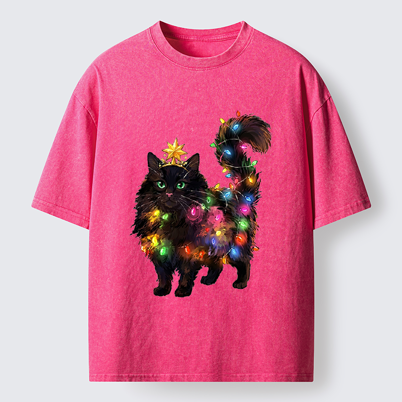 Tokyo-Tiger Christmas Black Cat With Star Crown Washed T-Shirt