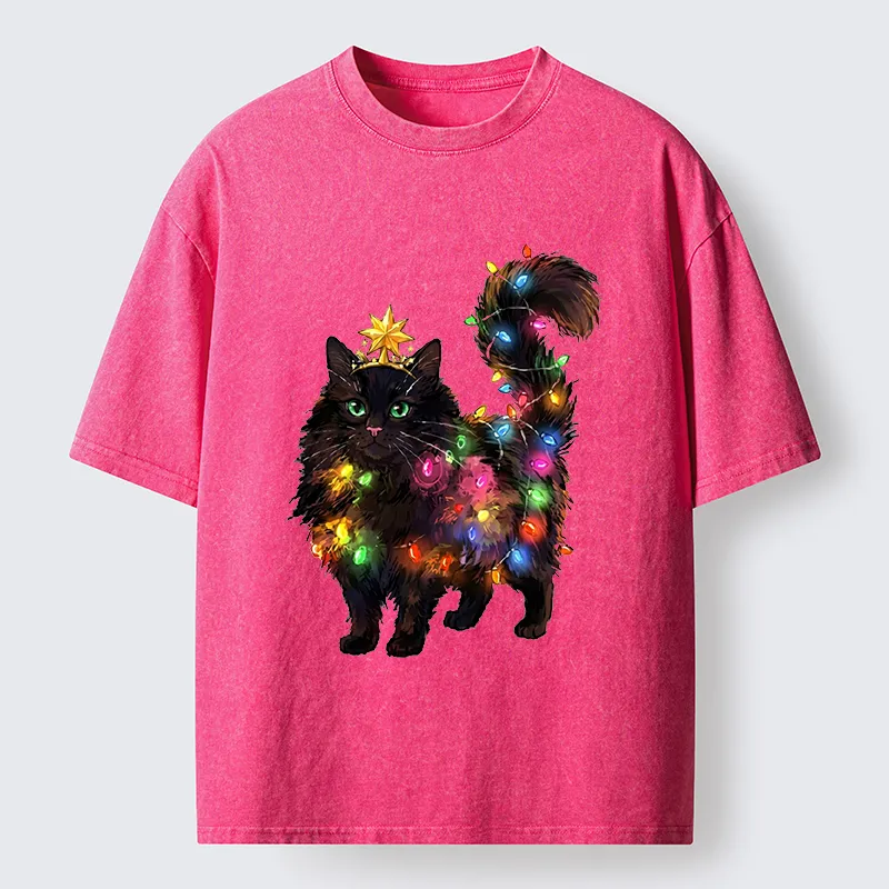 Tokyo-Tiger Christmas Black Cat With Star Crown Washed T-Shirt