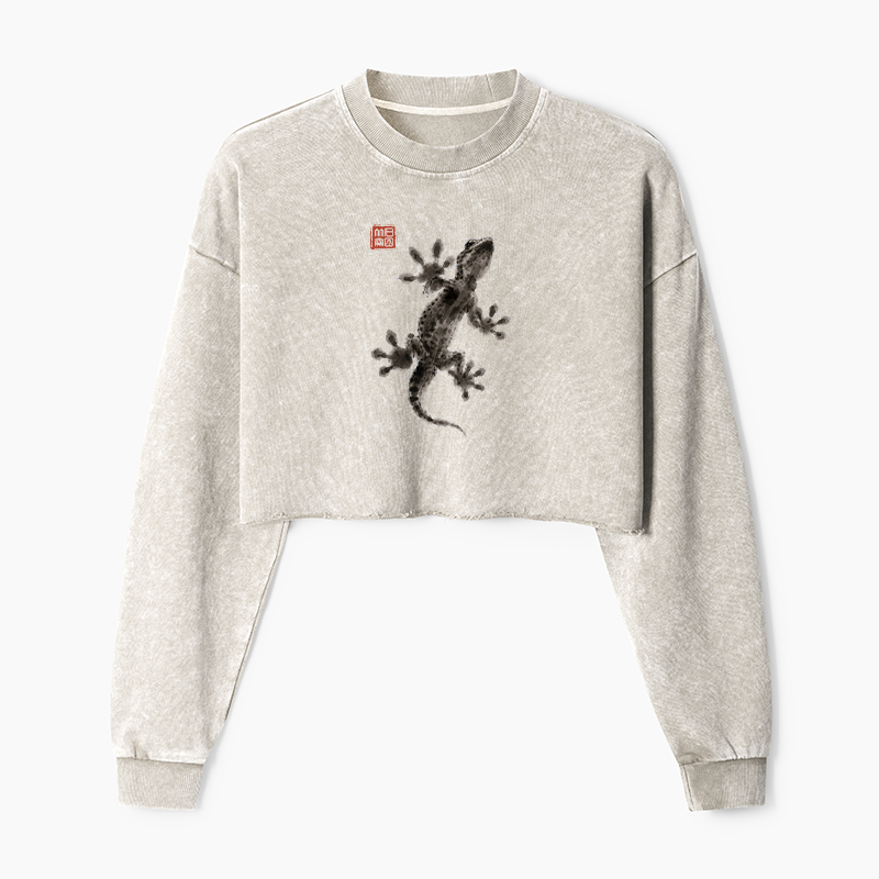 Tokyo-Tiger Minimal Asian Ink Brush Gecko Vibe Washed Crop Sweatshirt
