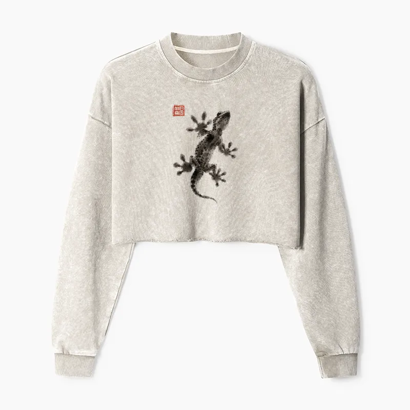 Tokyo-Tiger Minimal Asian Ink Brush Gecko Vibe Washed Crop Sweatshirt