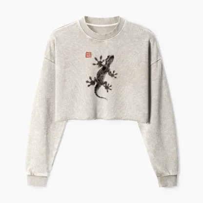 Tokyo-Tiger Minimal Asian Ink Brush Gecko Vibe Washed Crop Sweatshirt