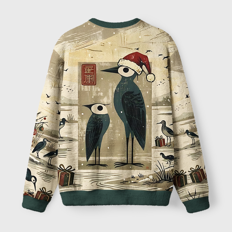 Tokyo-Tiger Christmas Herons By The Winter River Fuzzy Christmas Ugly Sweatshirt