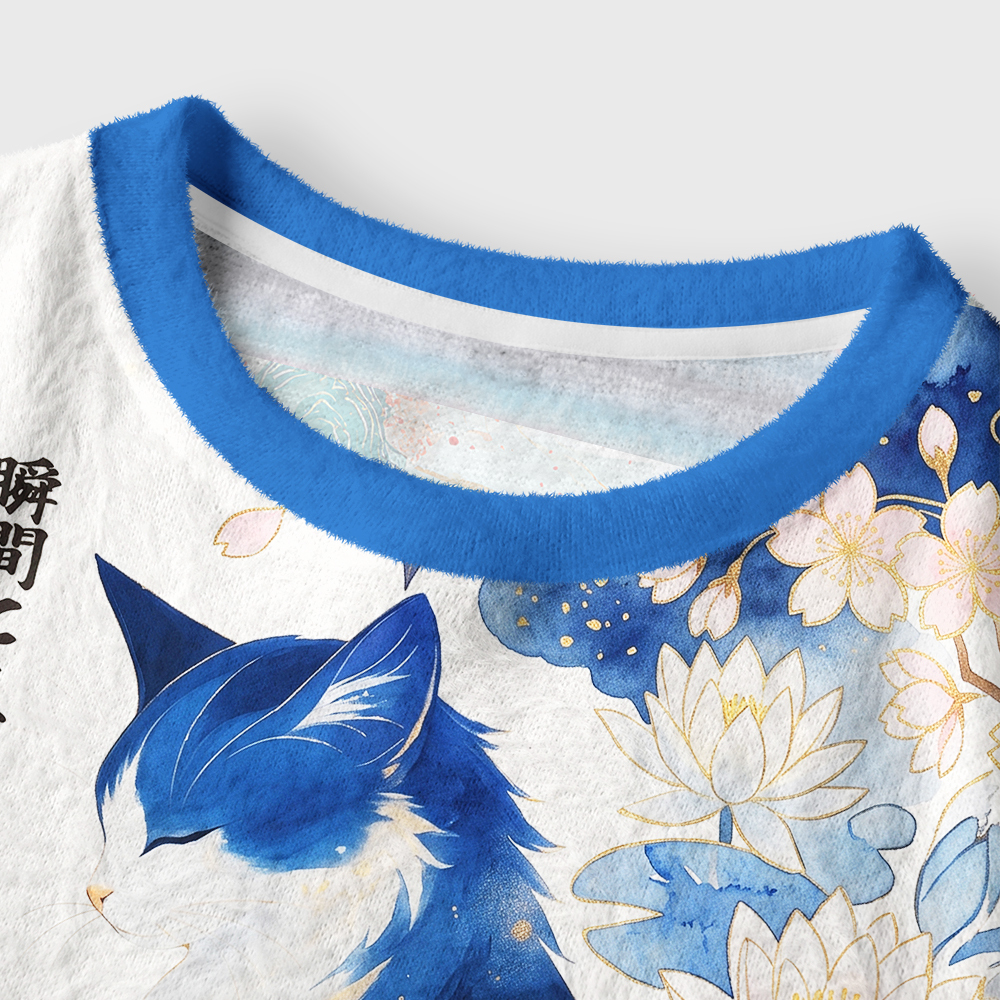 Tokyo-Tiger Retro Zen Cat: Living the Present Women's Fuzzy Cropped Sweatshirt