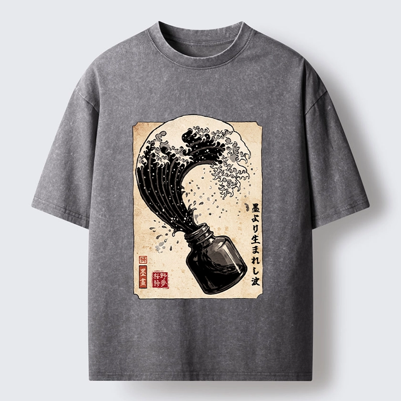 Tokyo‑Tiger Ink Wave Bottle Art Washed T‑Shirt