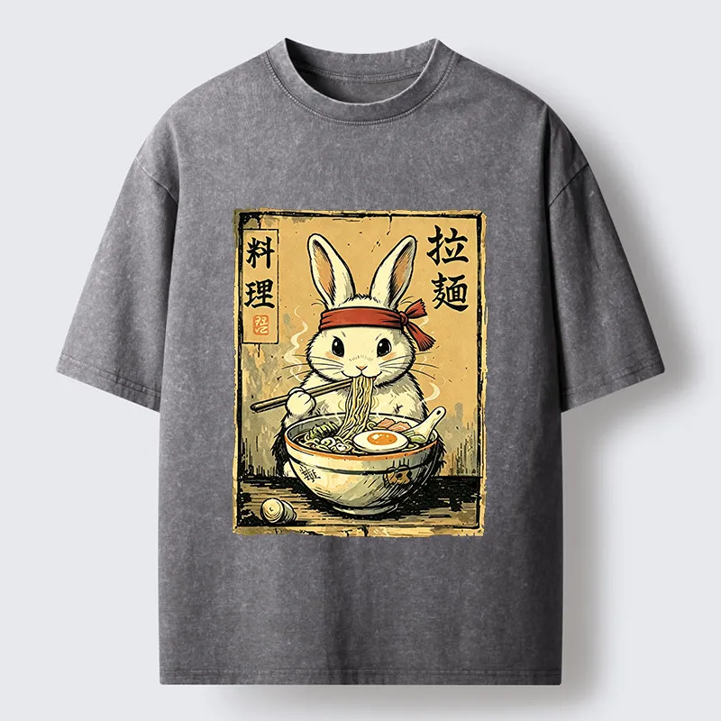 Tokyo-Tiger Cute Rabbit Eating Ramen Washed T-Shirt