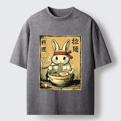 Tokyo-Tiger Cute Rabbit Eating Ramen Washed T-Shirt