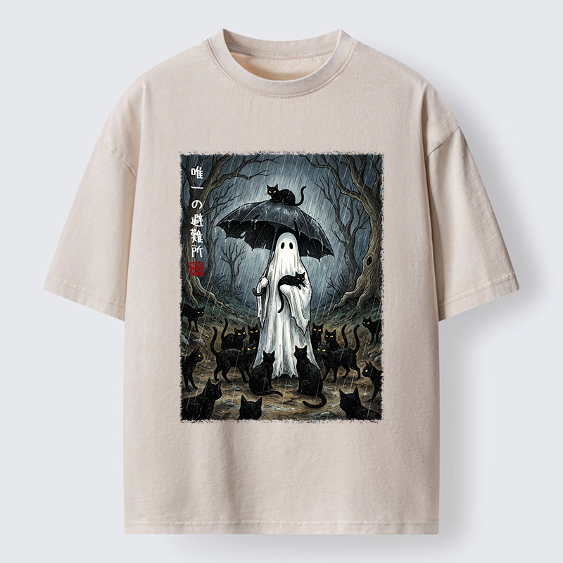 Tokyo‑Tiger Ghost Cat Shelter Washed T‑Shirt