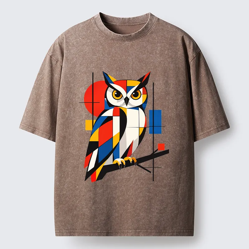 Tokyo-Tiger Geometric Owl Art Meme Washed T-Shirt