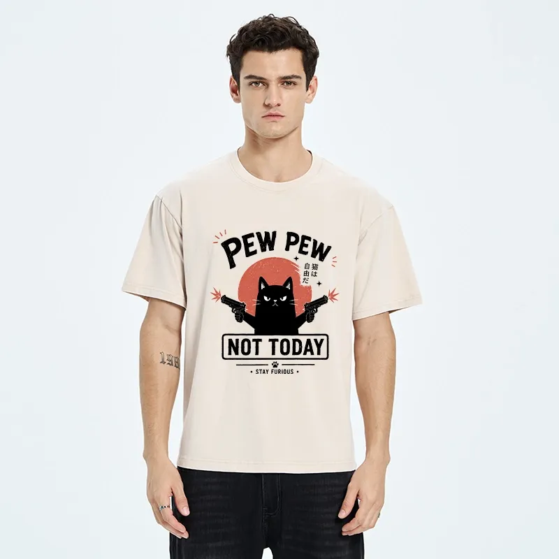 Tokyo-Tiger Not Today Black Cat Dual Pistols Mode Washed T-Shirt