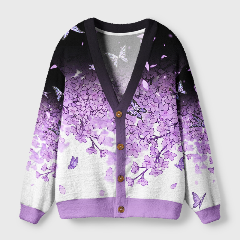 Tokyo-Tiger Purple Cherry Blossom Butterfly Ugly Cardigan Sweater