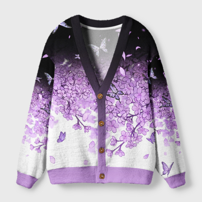Tokyo-Tiger Purple Cherry Blossom Butterfly Ugly Cardigan Sweater