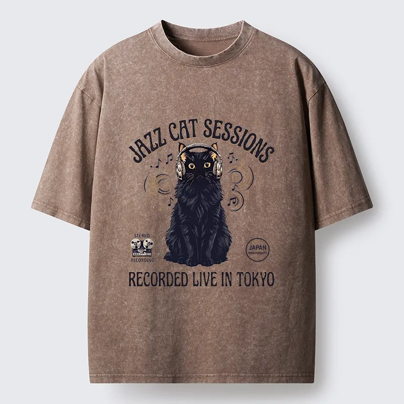 Tokyo-Tiger Jazz Cat Vibes Washed T-Shirt