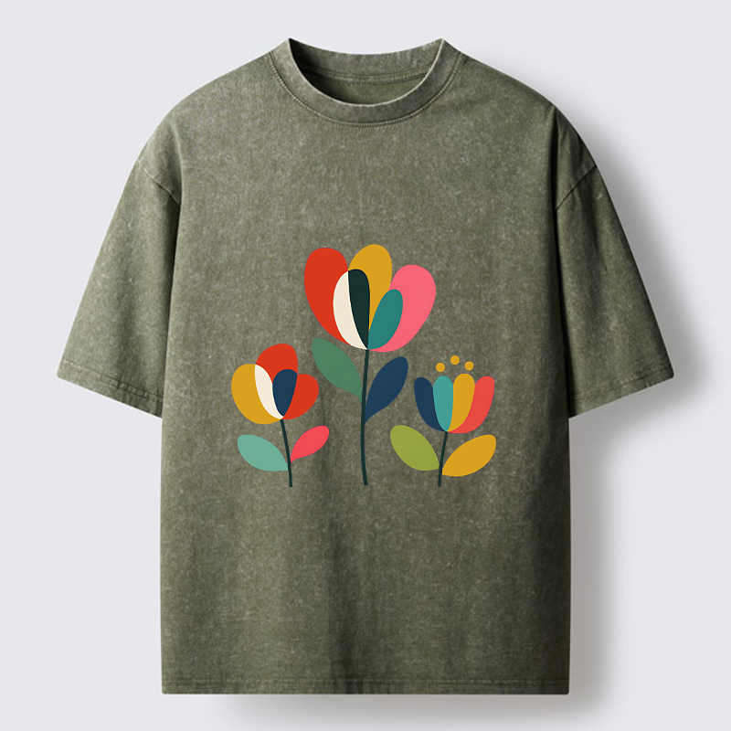 Tokyo-Tiger Modern Color Floral Art Washed T-Shirt