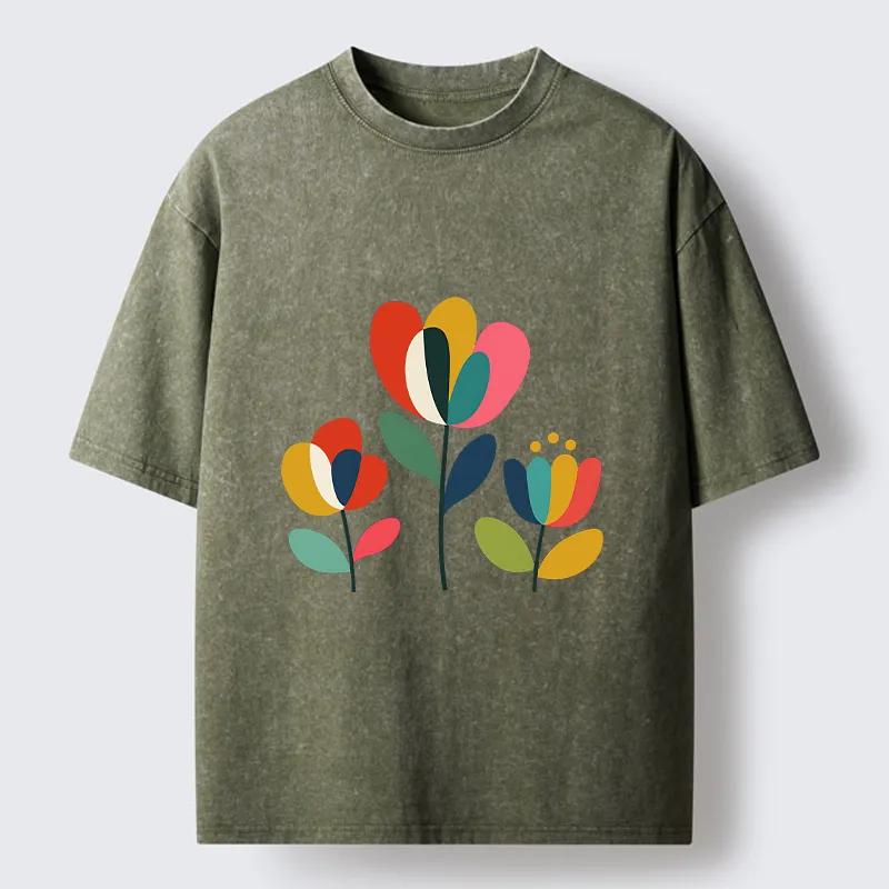 Tokyo-Tiger Modern Color Floral Art Washed T-Shirt