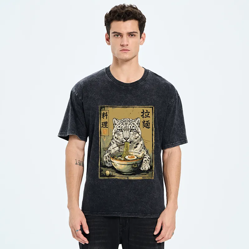 Tokyo-Tiger Ramen Snow Leopard Meme Washed T-Shirt