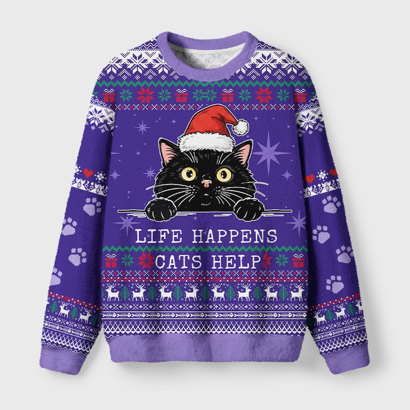 Tokyo-Tiger Santa Black Cat Fuzzy Christmas Ugly Sweatshirt